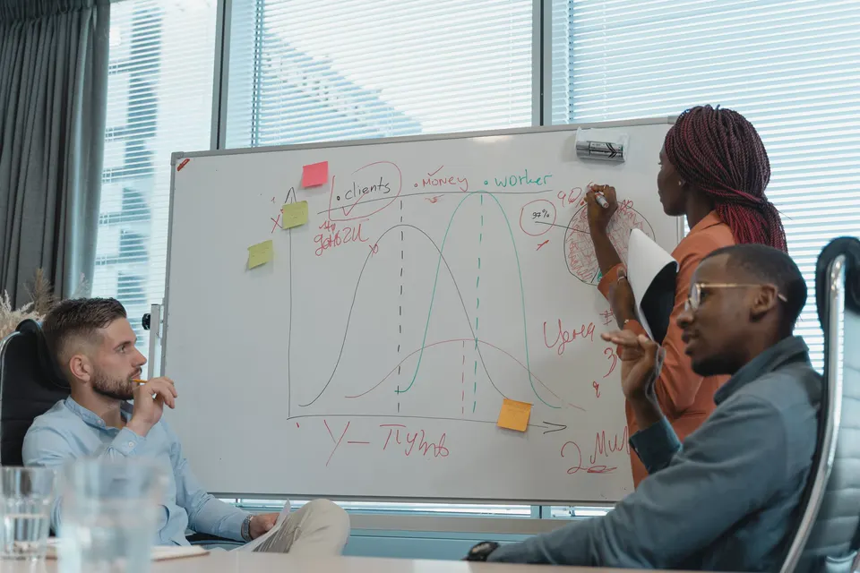 Team planning a strategy at a whiteboard